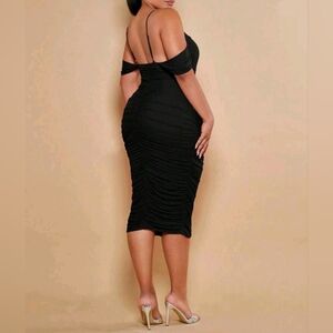 New Gorgeous Ruched Stretch Bodycon Off Shoulder Midi Dress PLUS Black